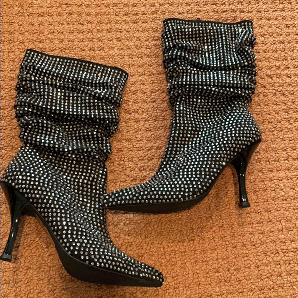 Black sequin studded heeled booties size 8.5